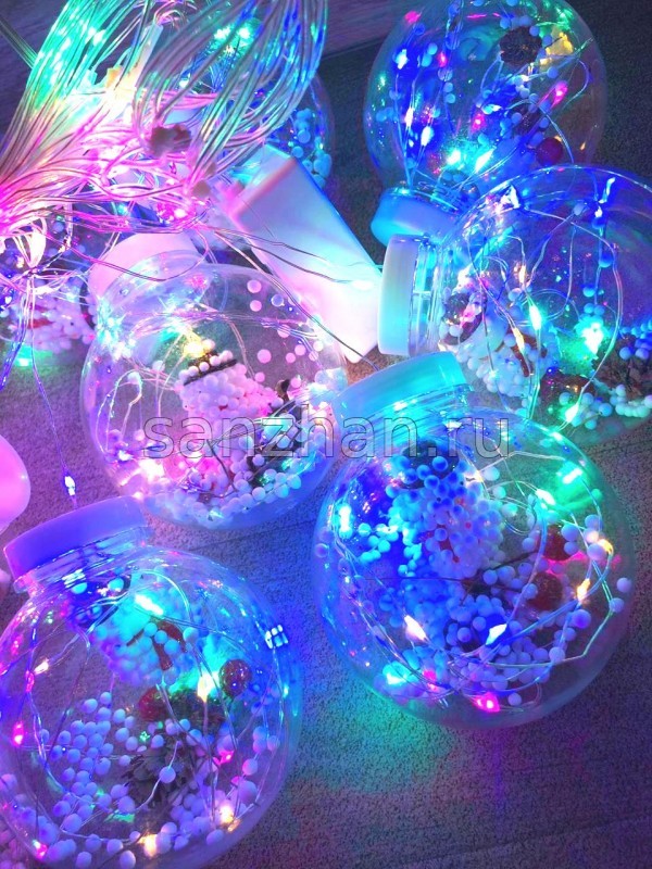 Новогодняя гирлянда штора шарики с игрушкой "Снеговик" внутри RGB 10 шт