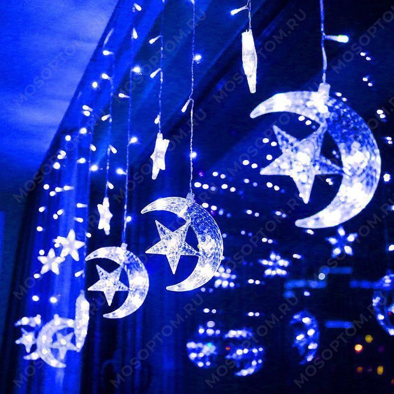 Новогодняя гирлянда штора Звезды и Месяц 12 шт (Синие)