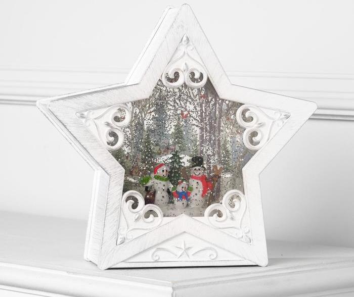 Новогодний светильник Звезда «Снеговики у ёлки» с эффектом снегопада 26 см