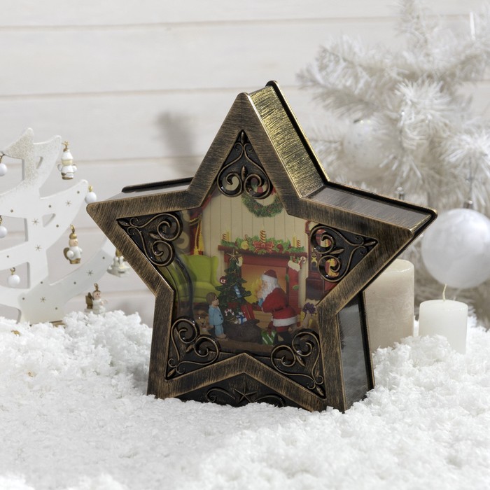 Новогодний светильник Звезда «Дед Мороз с подарками» с эффектом снегопада 26 см