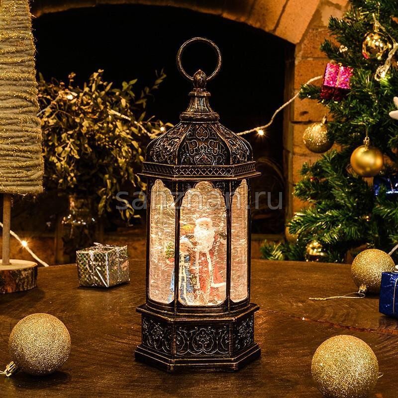 Новогодний светильник "Дед Мороз и Снегурочка" музыкальный с эффектом снегопада 29 см