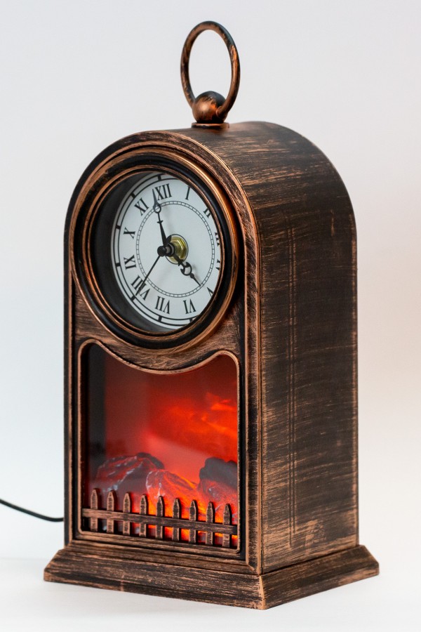 Мини-камин с часами и эффектом живого огня (имитация горения бревен) 26 см