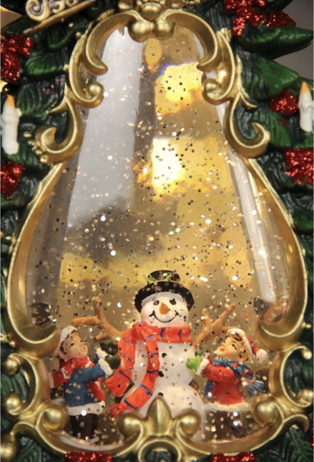 Новогодний светильник с блестками внутри «Ёлка с детьми и снеговиком» 35х19 см