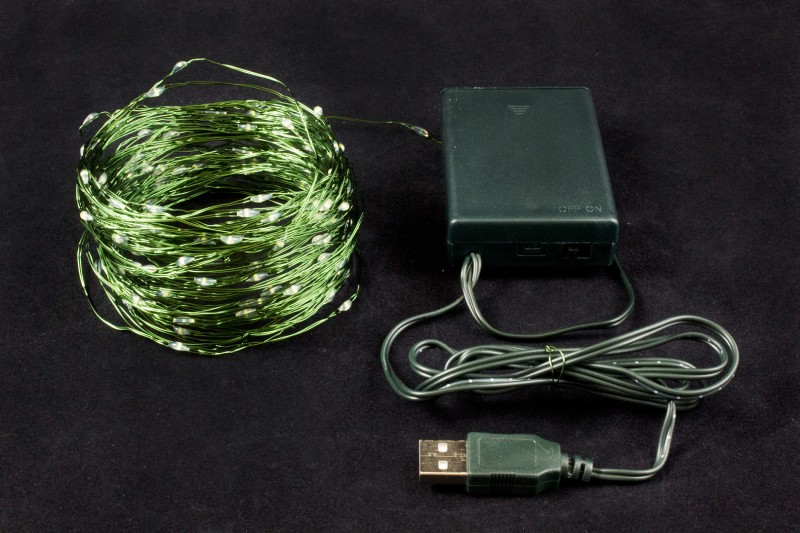 Гирлянда нить "Роса" 20 метров на зеленой проволоке светодиодная от USB или от 3*AA  200 Led ламп (теплый белый)