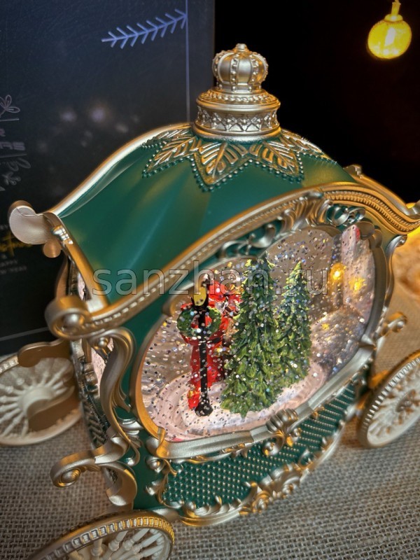 Новогодний светильник декоративный "Карета зеленая" 30х25 см с гелем и блестками внутри