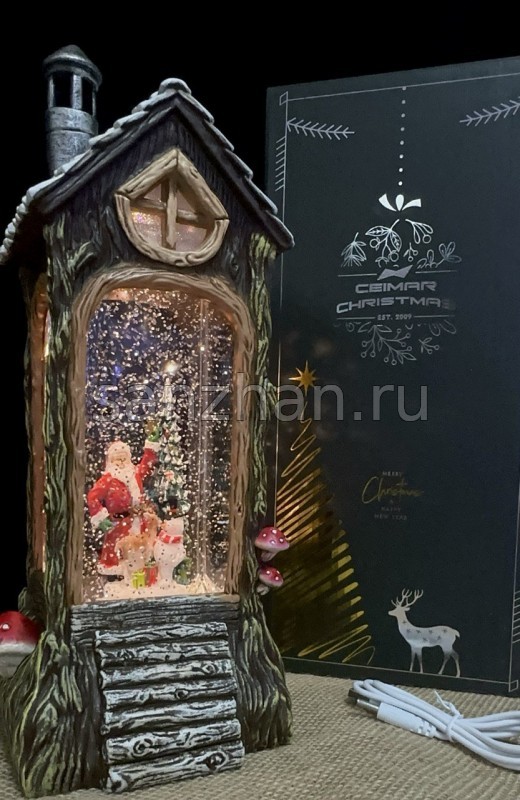 Новогодний светильник декоративный "Избушка Деда Мороза " 29х12 см с гелем и блестками внутри