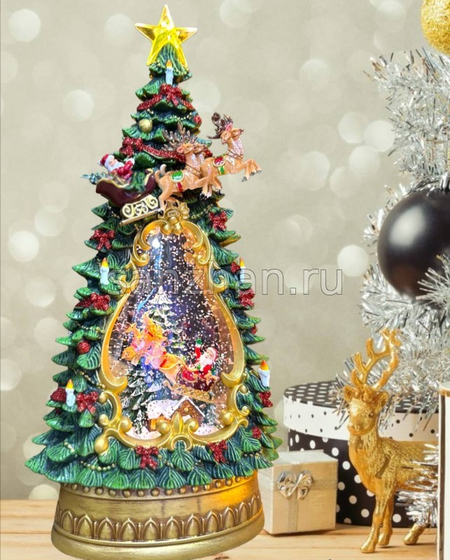 Светильник декоративный в форме Елки 35х19 см с гелем и блестками внутри (Дед Мороз в санях)