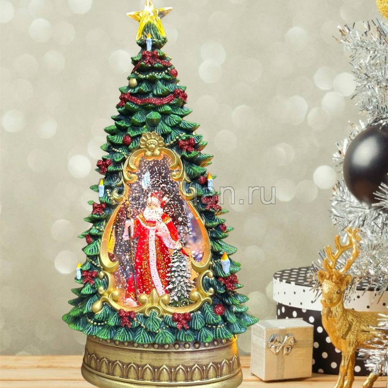Светильник декоративный в форме Елки 35х19 см с гелем и блестками внутри (Дед Мороз)