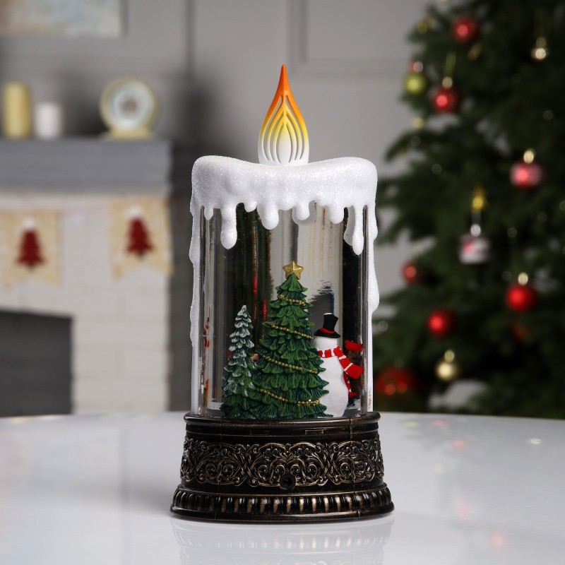 Светодиодный светильник  «Свеча со снеговиком» 24 см снежный вихрь с музыкой