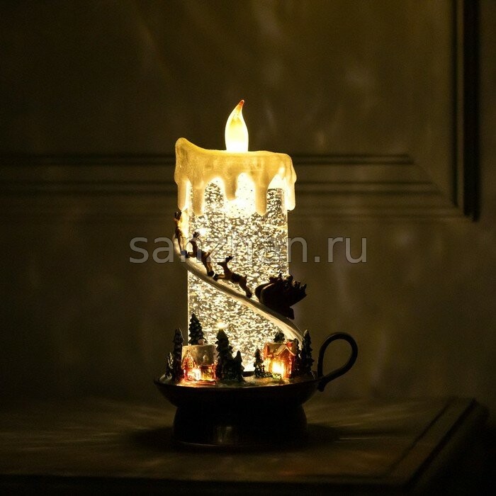 Новогодний светильник с блестками внутри "Свеча с Дедом Морозом в упряжке с оленями" 23х14 см, пластик, батарейки ААх3, USB