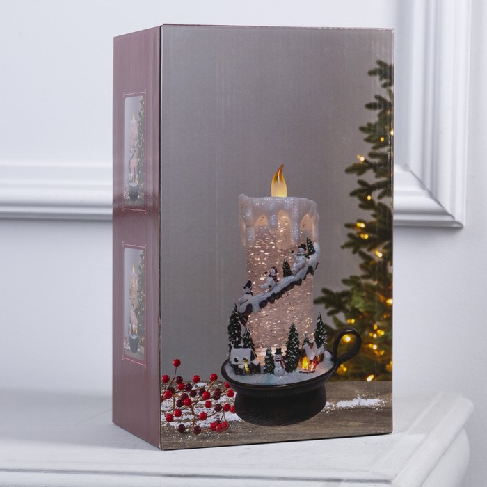 Новогодний светильник с блестками внутри "Свеча с Дедом Морозом в упряжке с оленями" 23х14 см, пластик, батарейки ААх3, USB