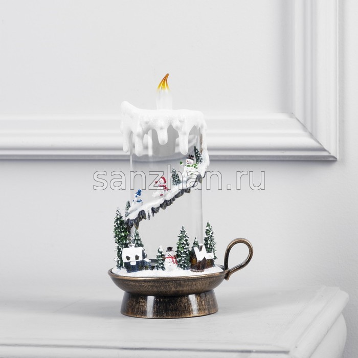 Новогодний светильник с блестками внутри "Свеча со Снеговичками" 23х14 см, пластик, батарейки ААх3, USB